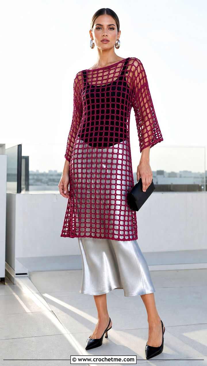 Filet Crochet Tunic Cover Up With Satin Midi Skirt - 15 crochet tunic cover up outfit ideas
