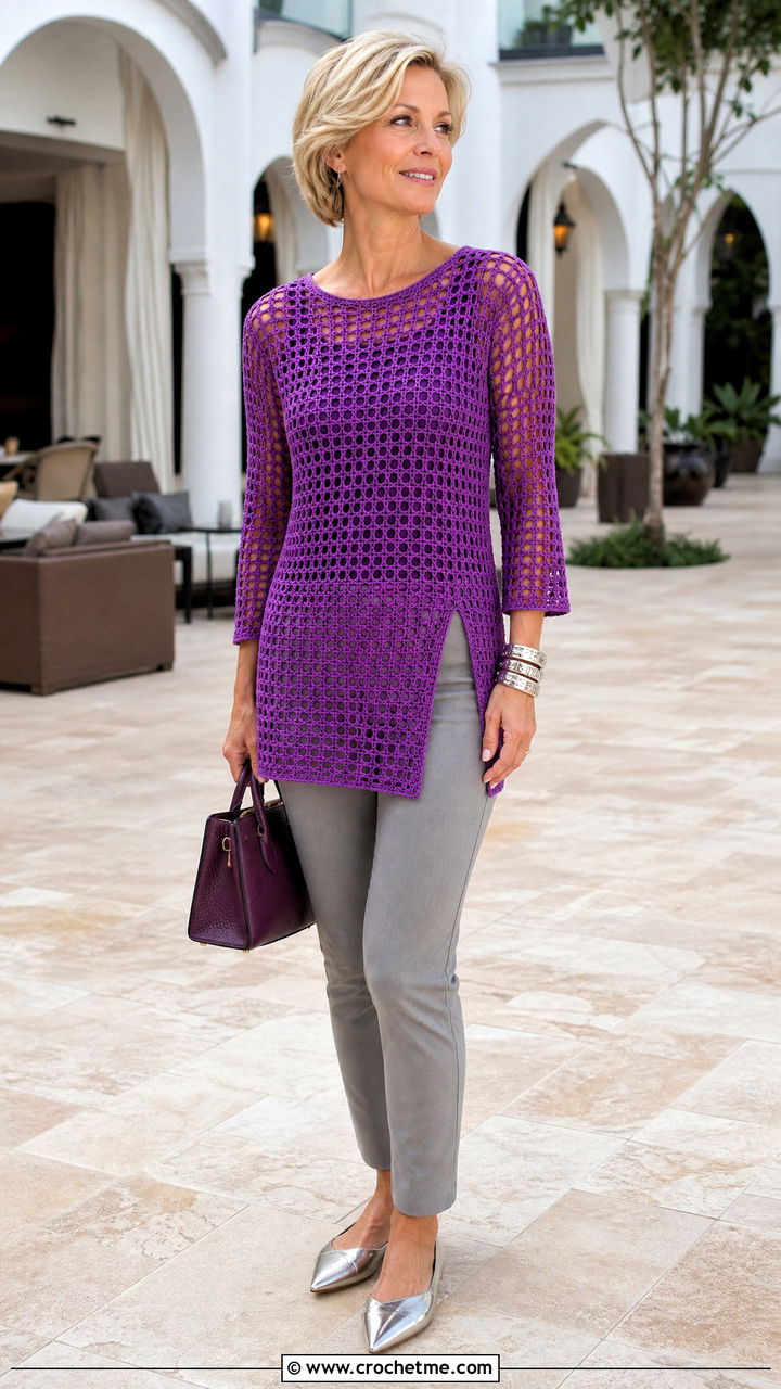 Filet Crochet Tunic Top With Slim Pants - 35 filet crochet top outfit ideas