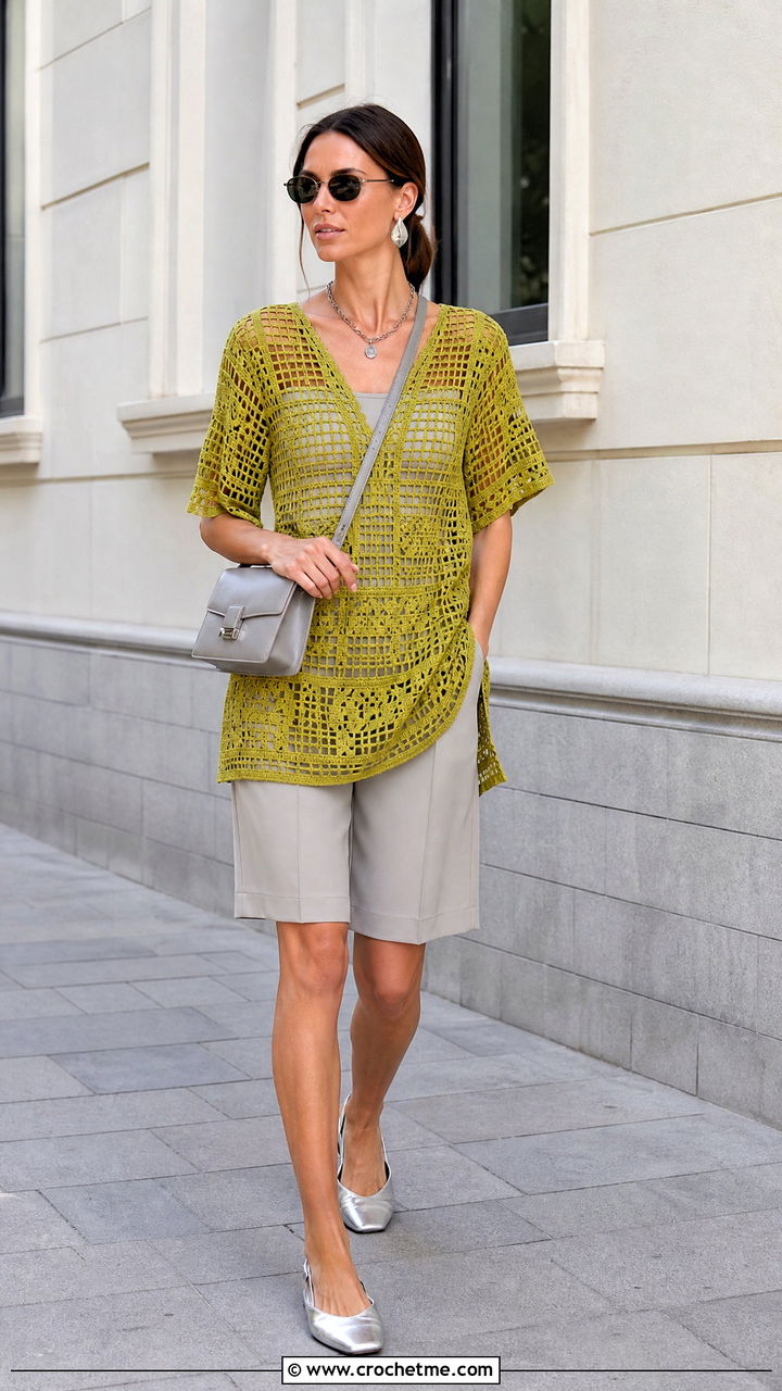 Filet Crochet Tunic With Tailored Shorts - 35 crochet tunic outfit ideas