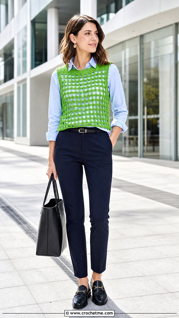 Filet Crochet Vest Top With A Poplin Shirt - 35 filet crochet top outfit ideas