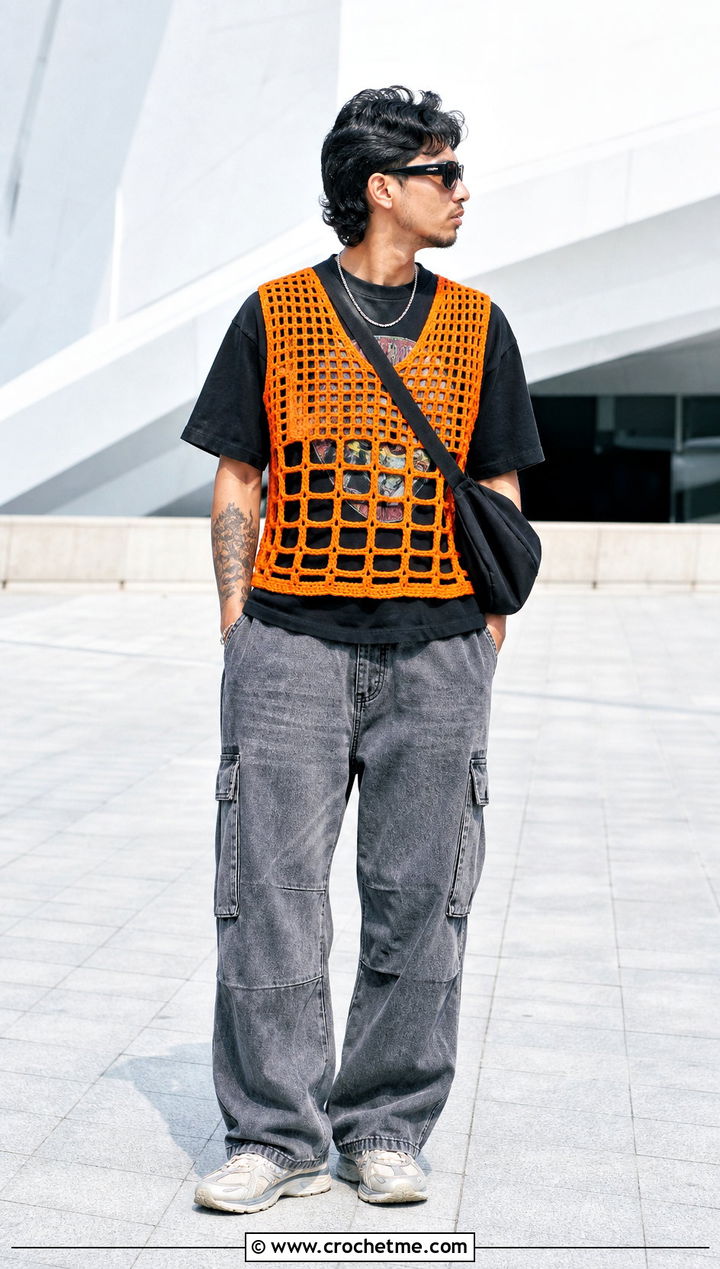 Filet Crochet Vest With Graphic T Shirt And Cargo Jeans - 30 mens crochet vest outfit ideas