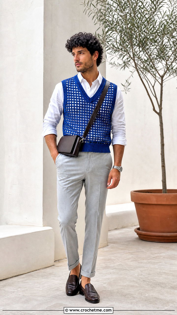 Filet Crochet Vest With Poplin Shirt And Cropped Trousers - 35 crochet vest for men outfit ideas