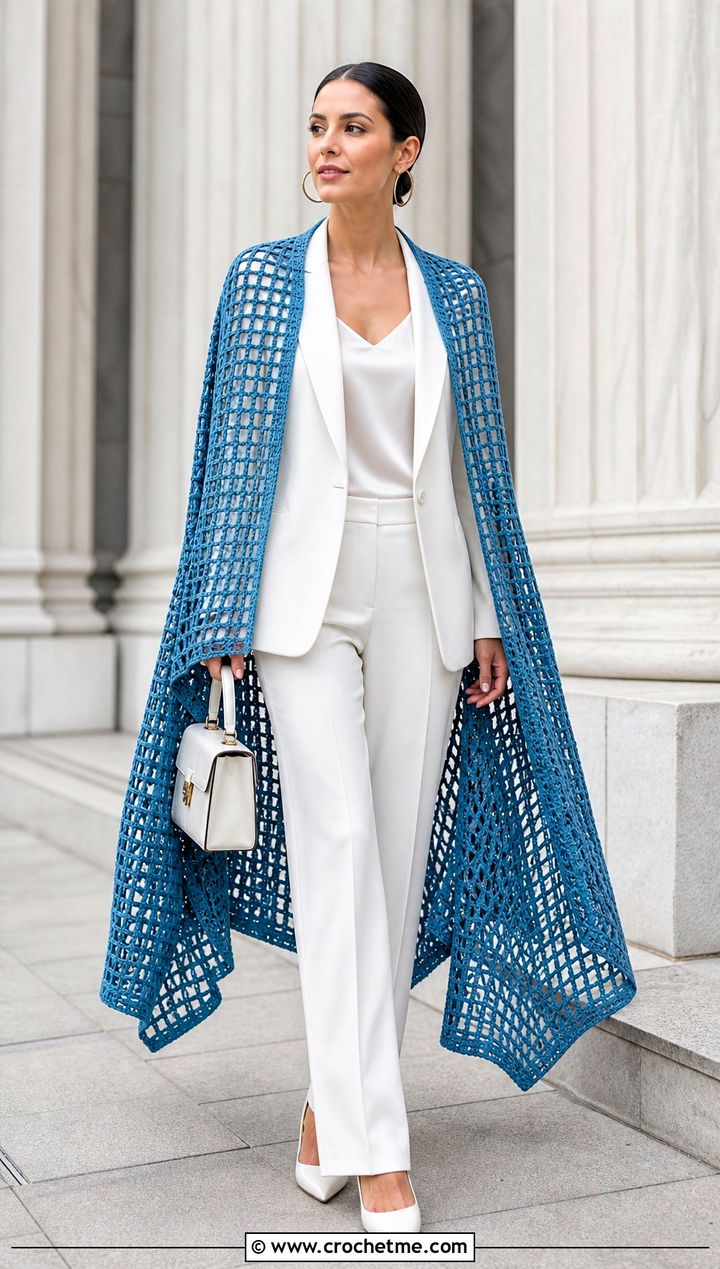 Filet Crochet Wedding Cape With Tailored Bridal Suit - 25 Crochet Wedding Cape outfit ideas
