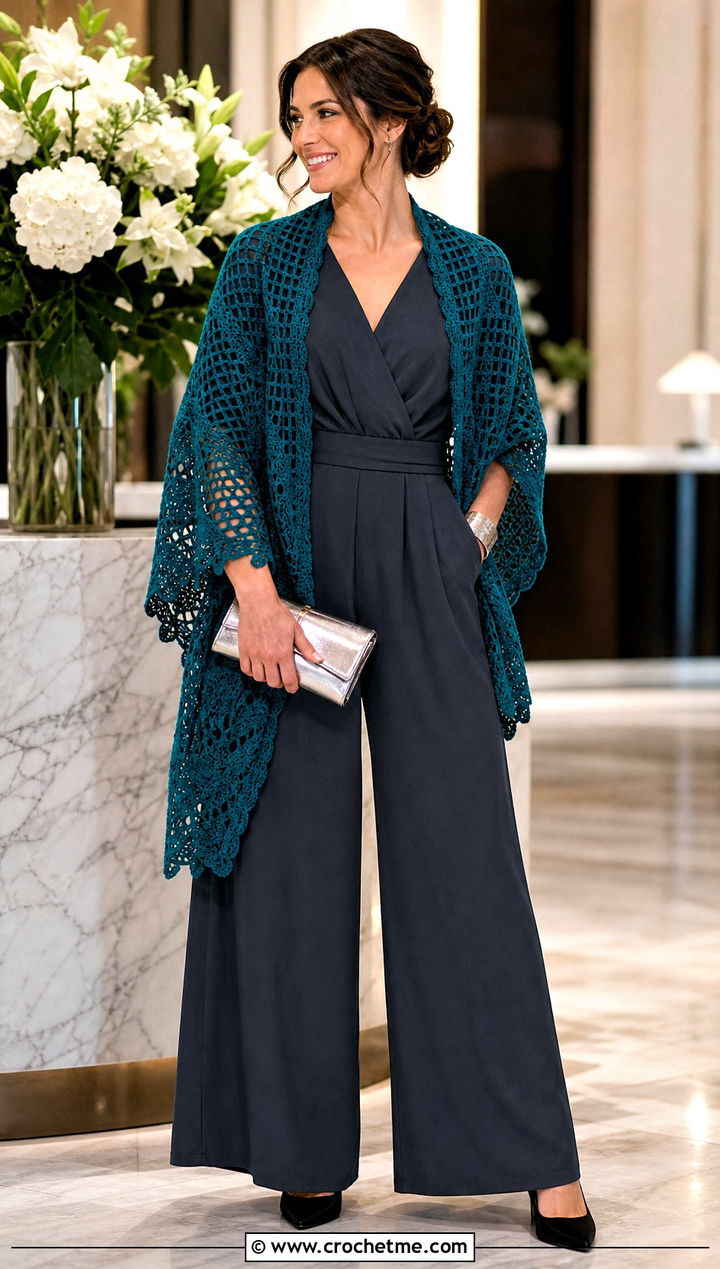 Filet Crochet Wedding Shawl With Tailored Jumpsuit - 35 crochet wedding shawl outfit ideas