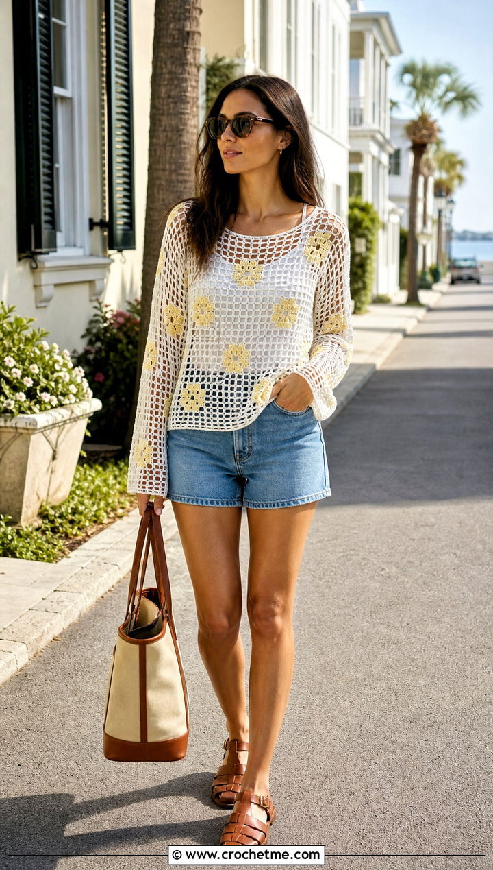 Filet Crochet White Sweater With Denim Shorts - 35 crochet white sweater outfit ideas