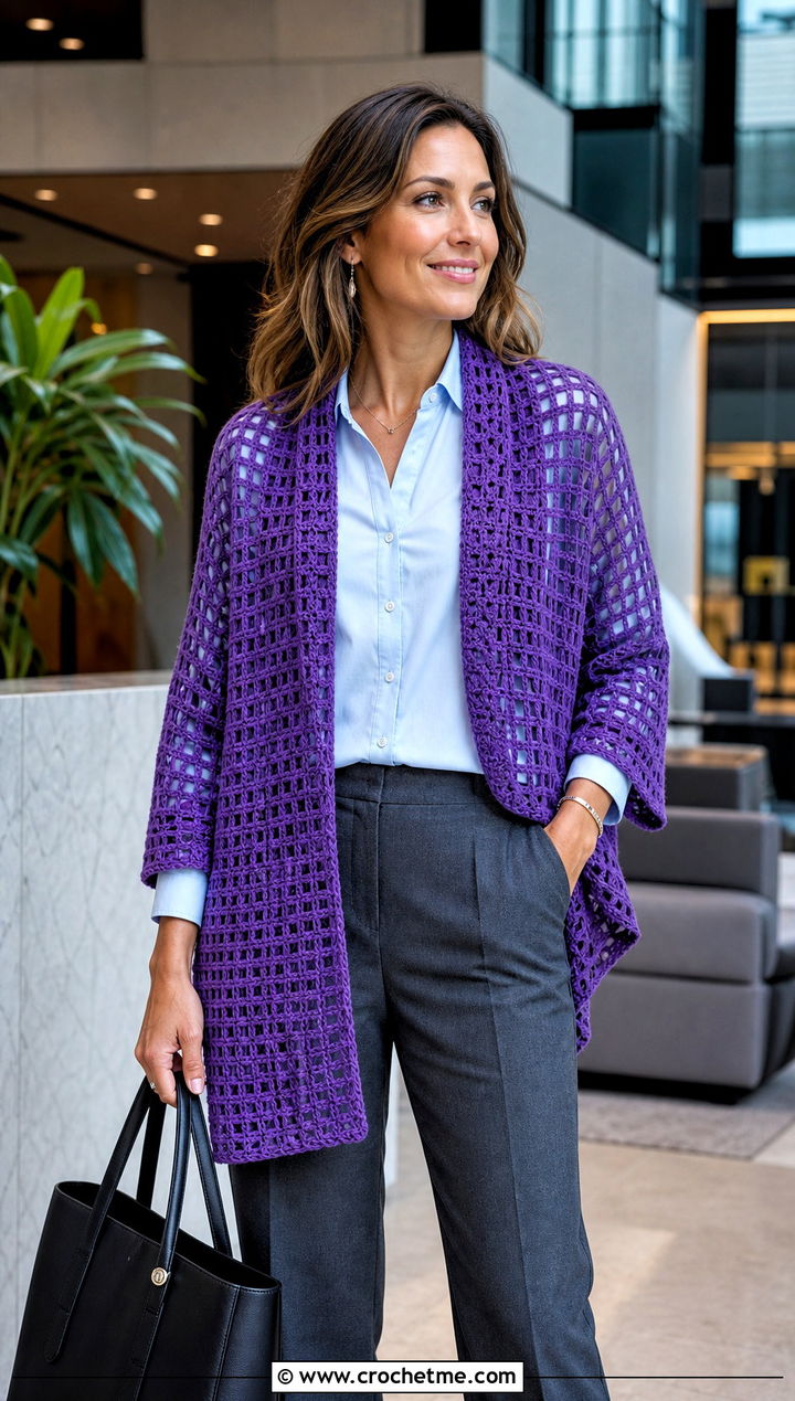 Filet Crochet Wrap Scarf With Tailored Trousers - 15 Crochet For Scarf With Sleeves outfit ideas