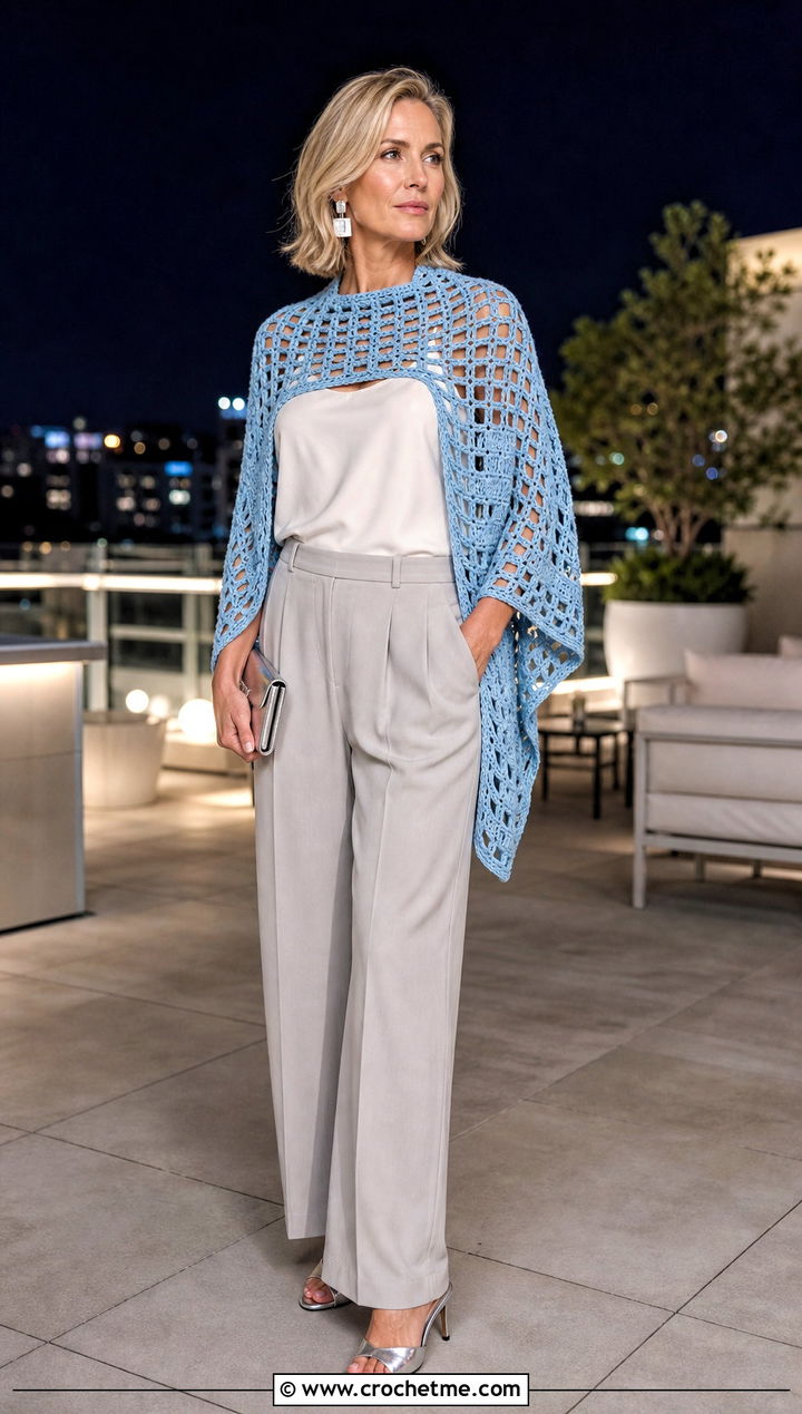Filet Crochet Wrap With Camisole And Tailored Pants - 30 simple crochet shawls and wraps outfit ideas