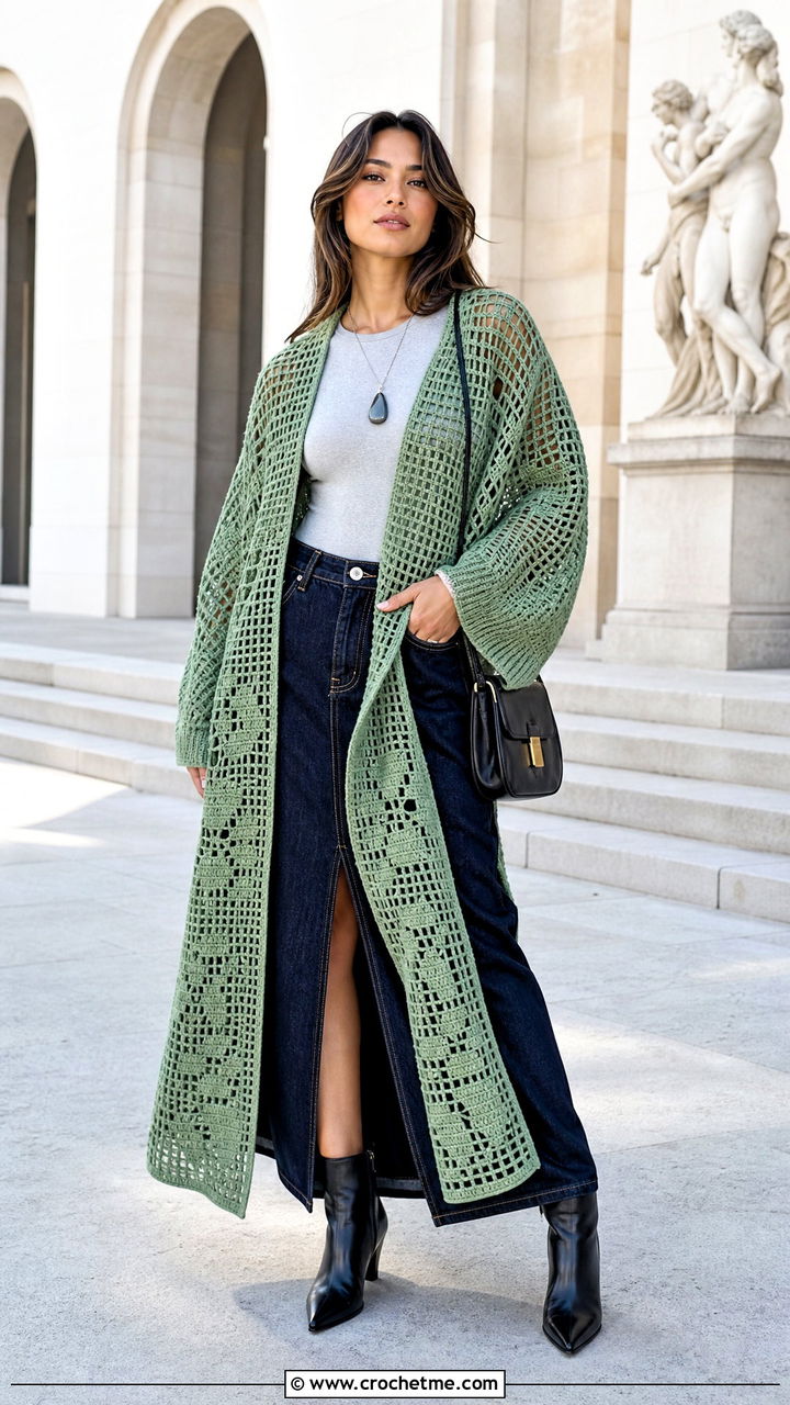 Filet Crochet Wrap With Denim Maxi Skirt - 35 crochet wrap outfit ideas