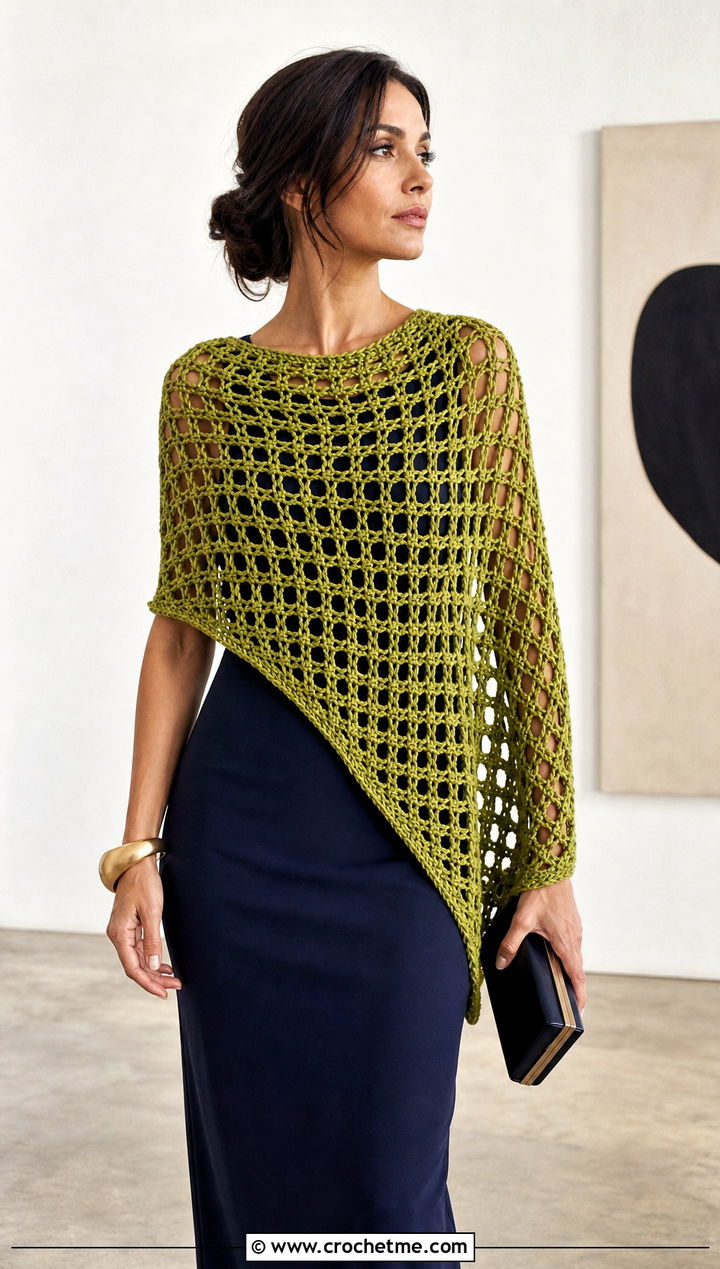 Filet Crochet Wrap With Monochrome Column Dress - 30 crochet shawl wrap outfit ideas