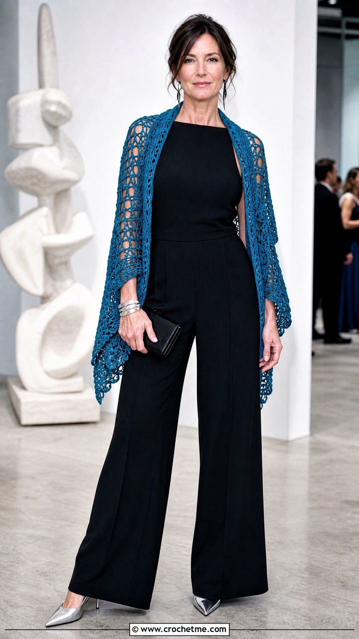 Filet Crochet Wrap With Wide Leg Jumpsuit - 35 crochet shawls and wraps outfit ideas