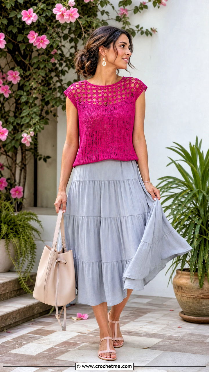 Filet Crochet Yoke Top With Tiered Midi Skirt - 35 fillet crochet top outfit ideas