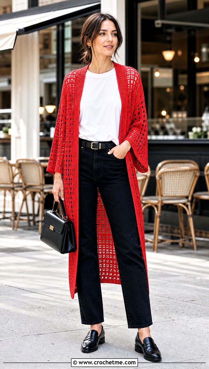 Filet Crocheted Kimono With T Shirt And Black Jeans - 25 Crocheted Kimono outfit ideas