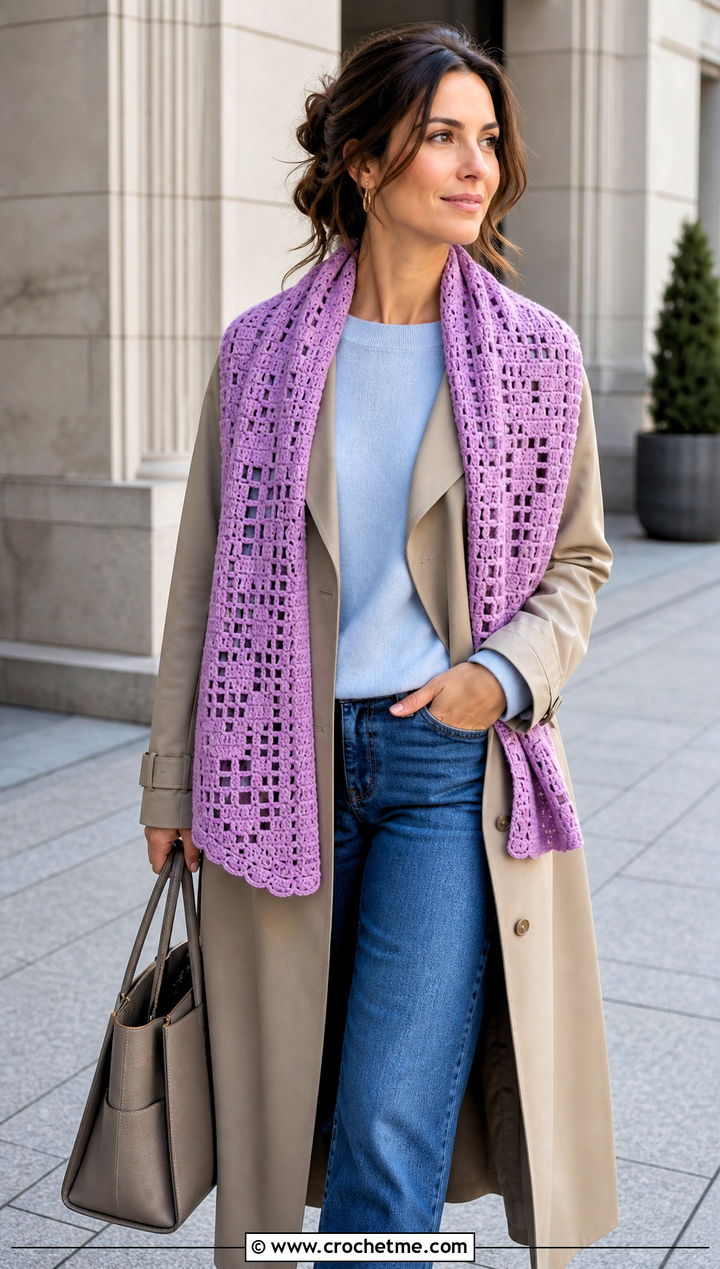 Filet Crocheted Shawl With A Trench Coat And Jeans - 20 Crocheted Shawl outfit ideas