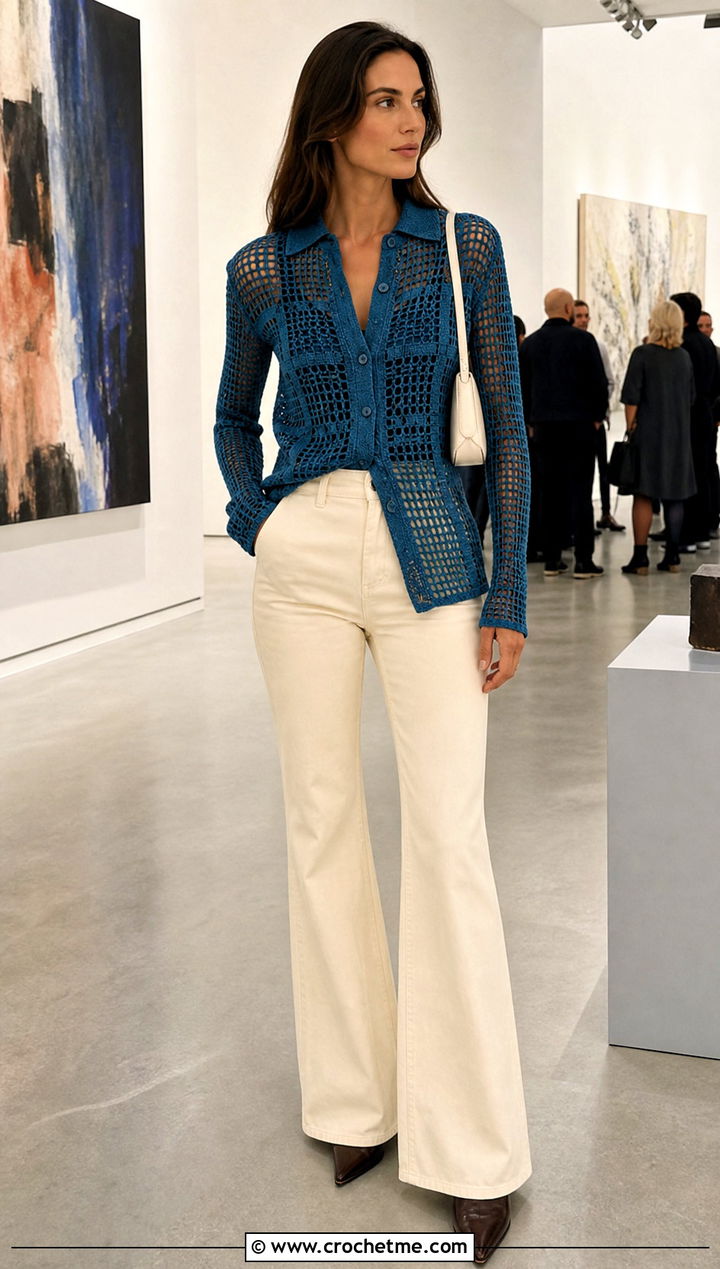 Filet Crocheted Shirt With Flare Trousers - 35 Crocheted Shirt outfit ideas