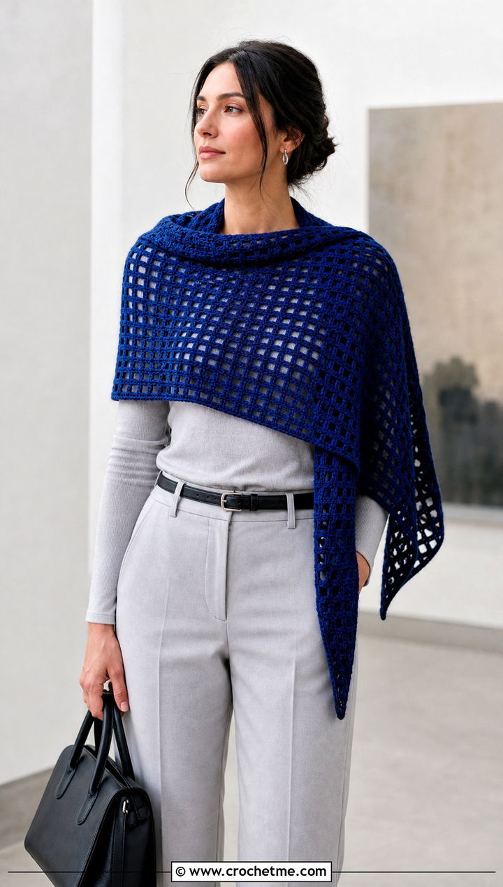 Filet DK Yarn Crochet Shawl With Monochrome Outfit - 25 Crochet Shawl Dk Yarn outfit ideas