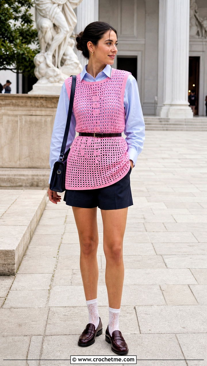 Filet Fishnet Crochet Dress With Button Down Shirt And Loafers - 25 Fishnet Crochet Dress outfit ideas