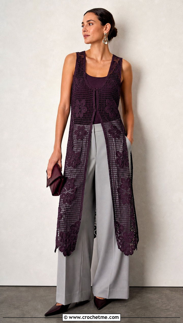 Filet Floral Crochet Dress With Wide Leg Trousers - 15 vintage floral crochet dress outfit ideas