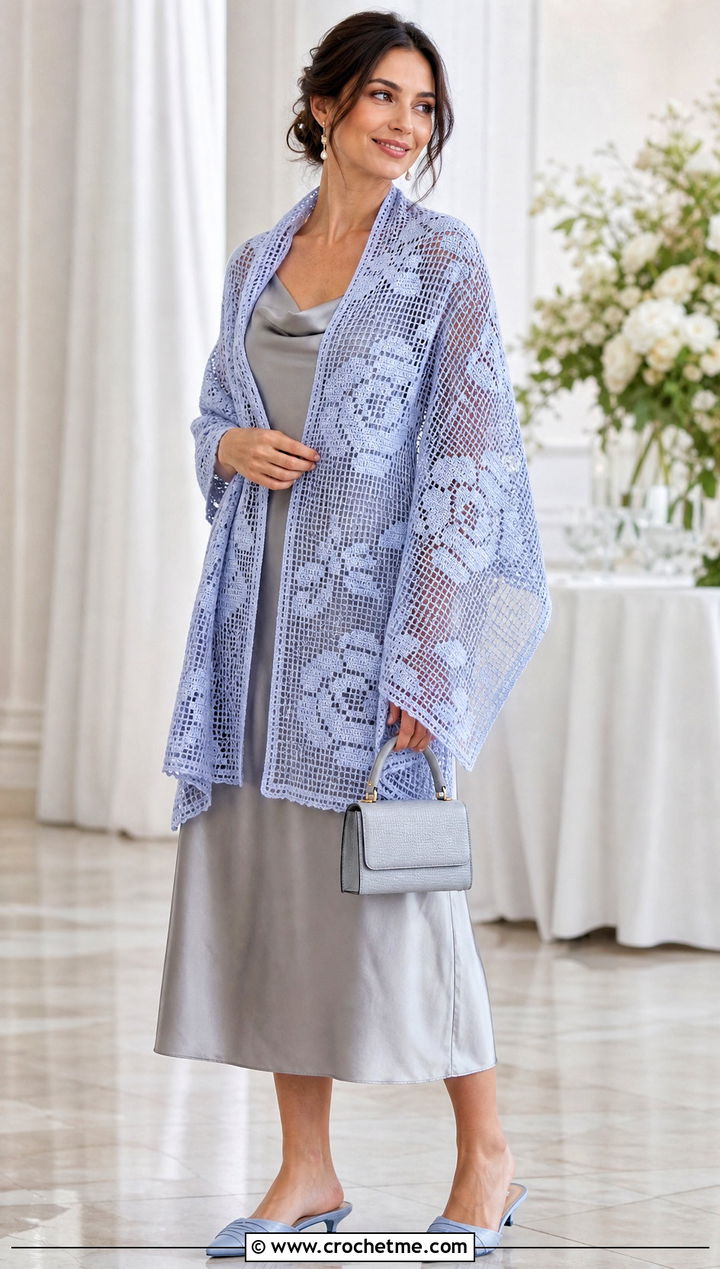 Filet Floral Shawl With Slip Dress And Mules - 15 Crochet Floral Shawl outfit ideas