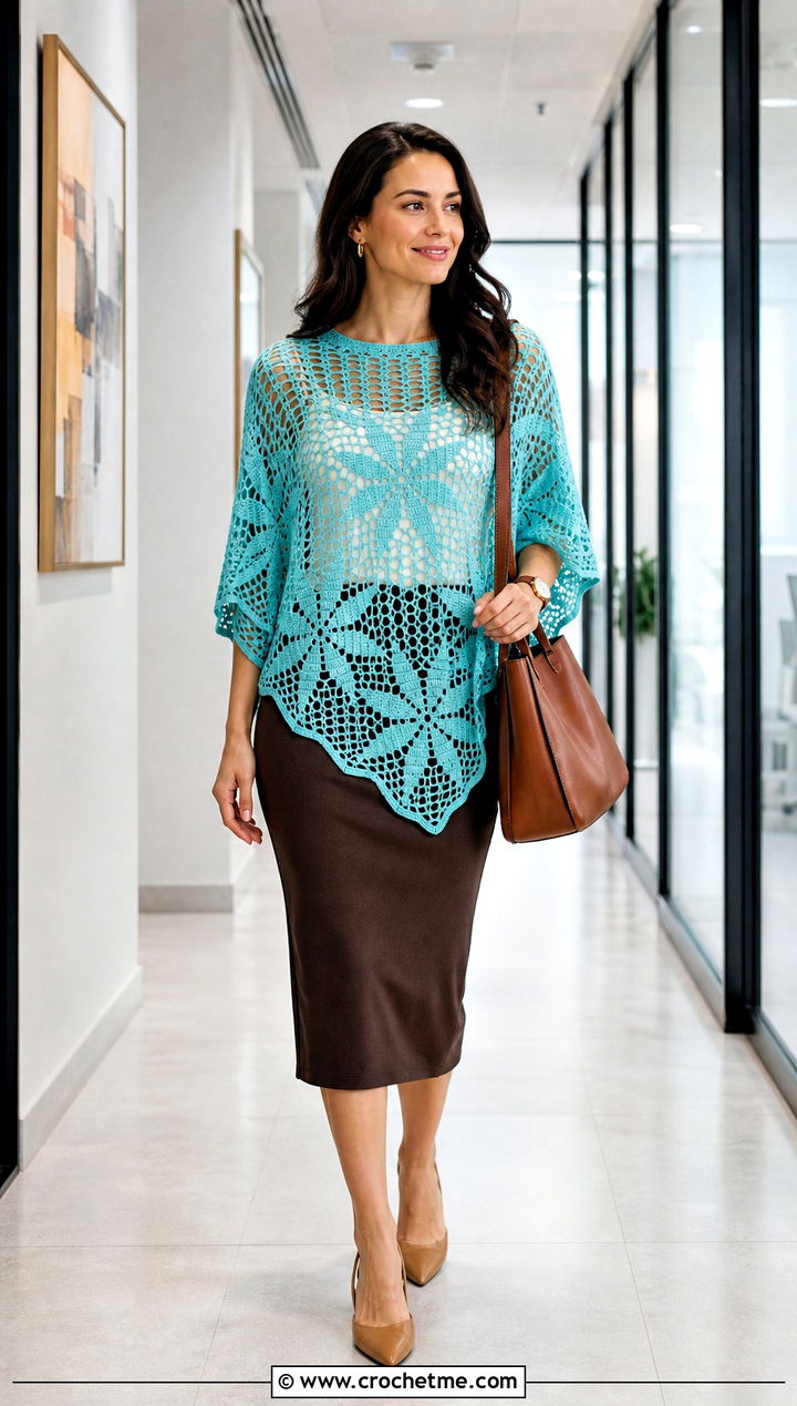 Filet Flower Crochet Poncho With Pencil Skirt - 25 Crochet Flower Poncho outfit ideas