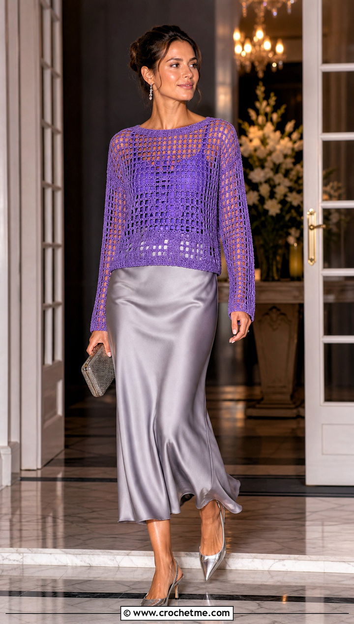 Filet Grid Crochet Sweater With Satin Slip Skirt - 15 grid crochet sweater design outfit ideas