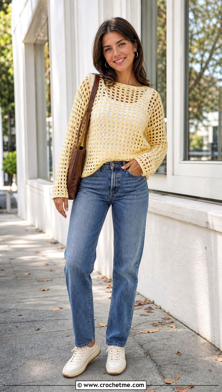 Filet Grid Crochet Sweater With Straight Leg Jeans - 15 Grid Crochet Sweater outfit ideas
