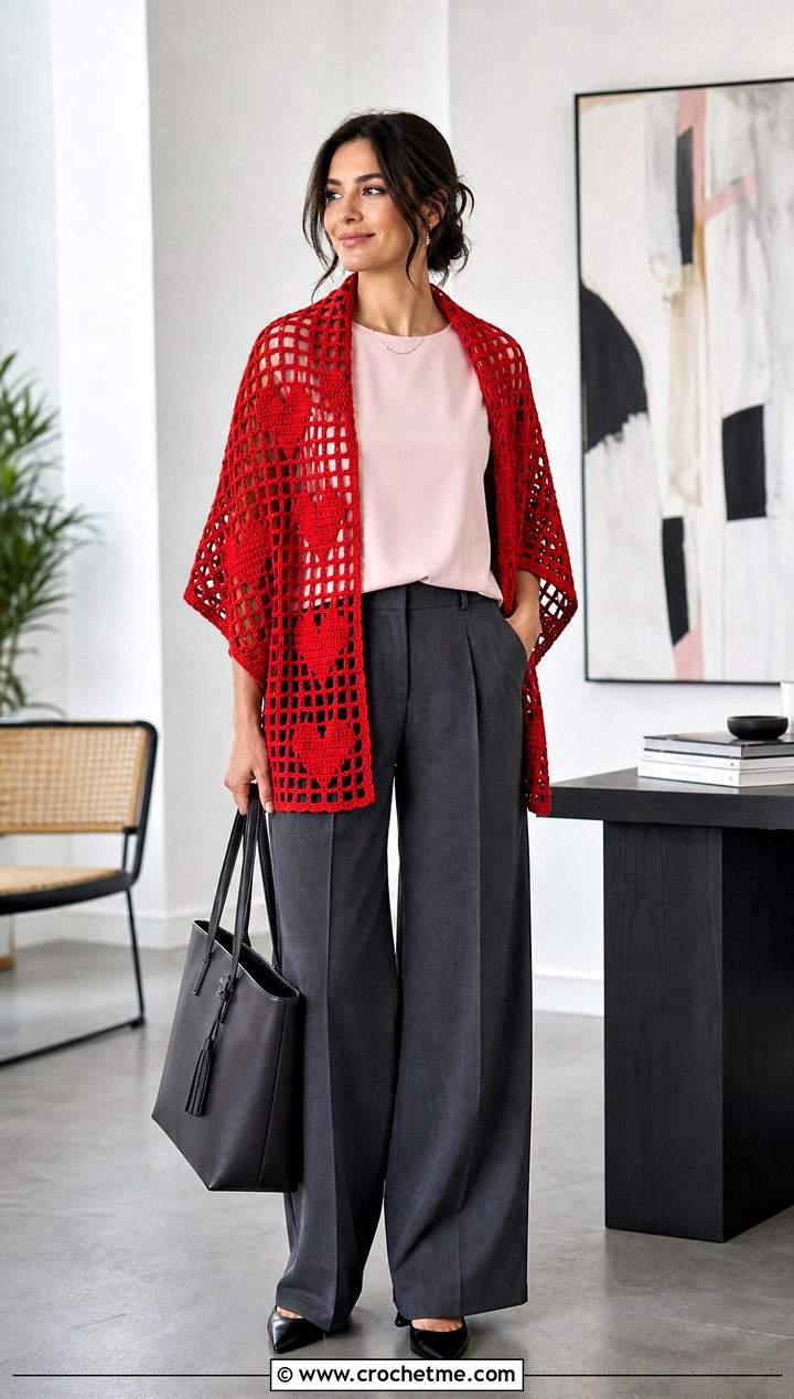 Filet Heart Crochet Shawl With Tailored Trousers - 25 Heart Crochet Shawl outfit ideas