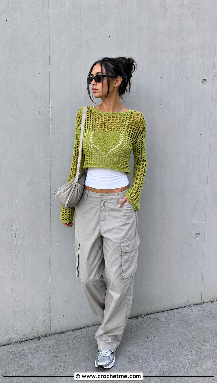Filet Heart Crochet Sweater With Cargo Pants - 35 crochet heart sweater outfit ideas