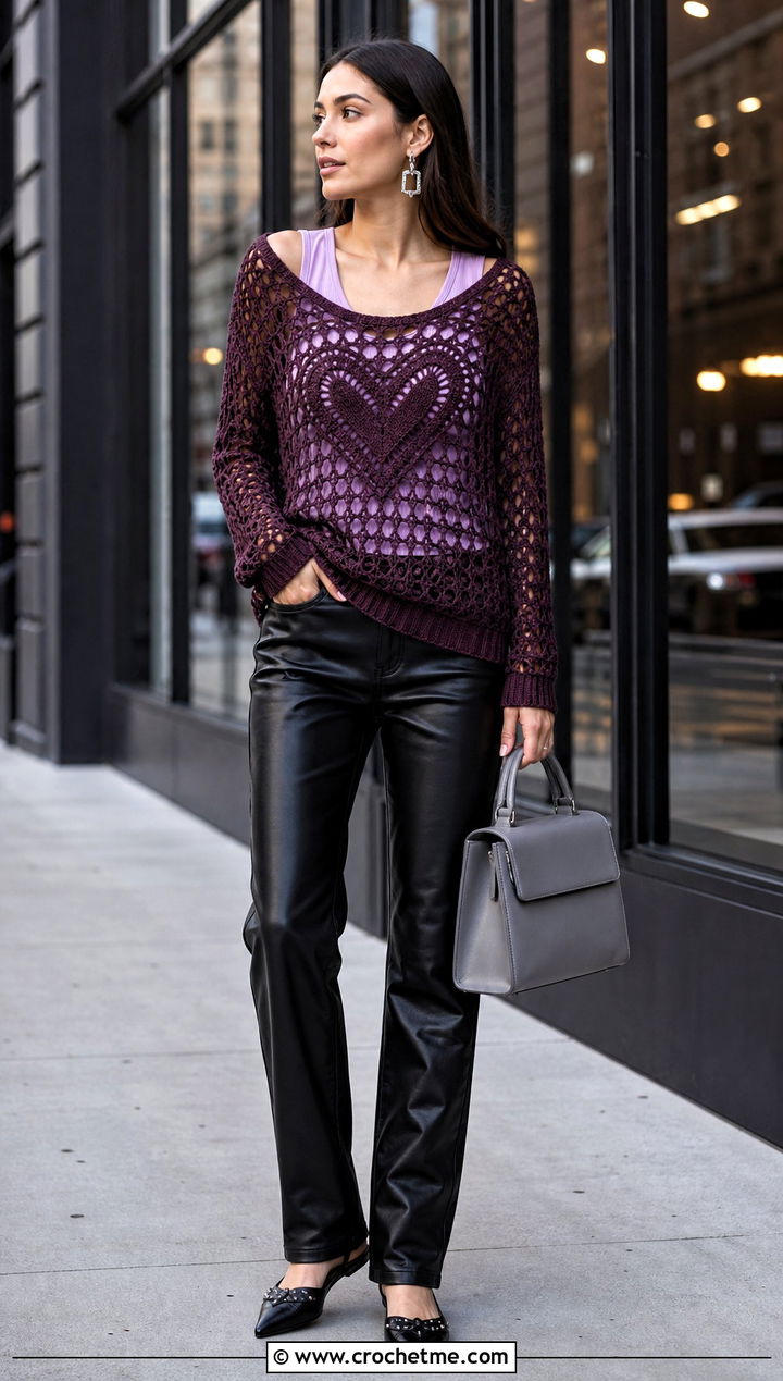 Filet Heart Crochet Sweater With Leather Pants - 15 heart crochet clothing and outfit ideas