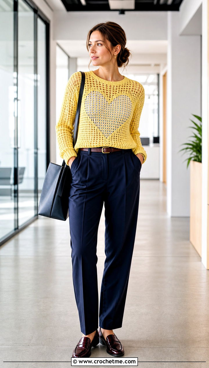 Filet Heart Jumper With Pleated Trousers - 30 crochet heart jumper outfit ideas