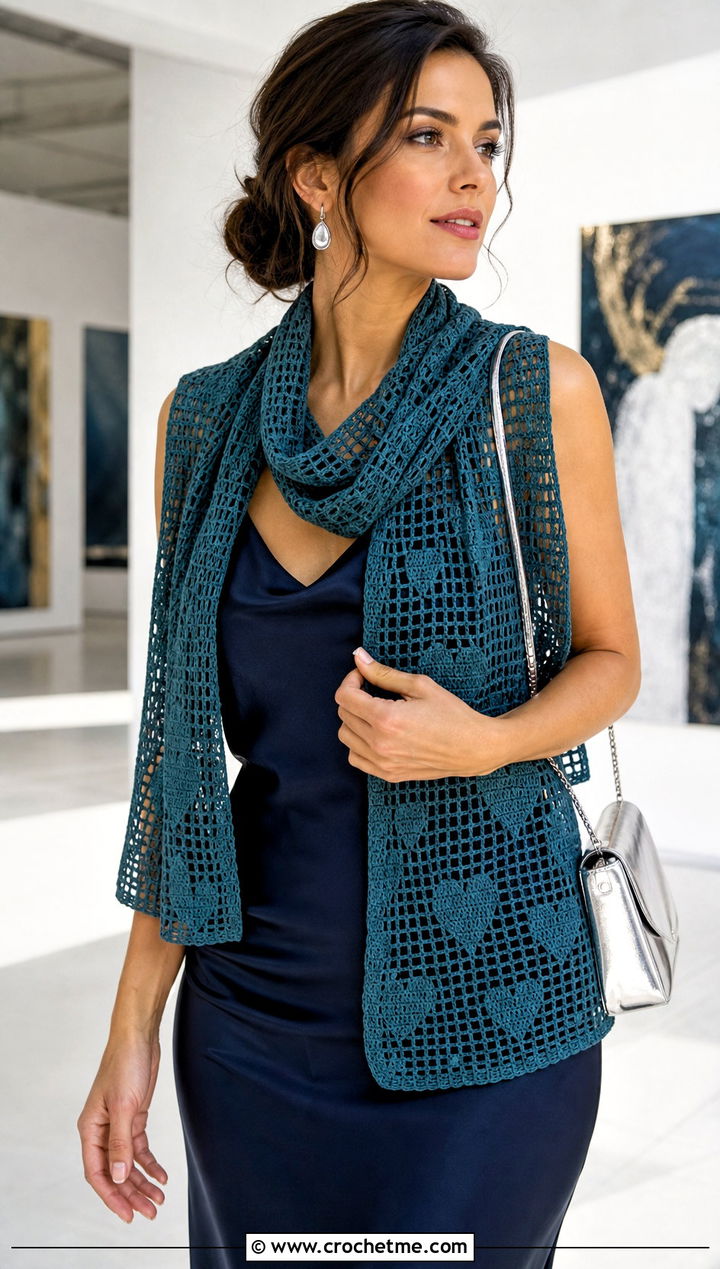 Filet Heart Scarf With Satin Midi Dress - 25 crochet heart scarf outfit ideas