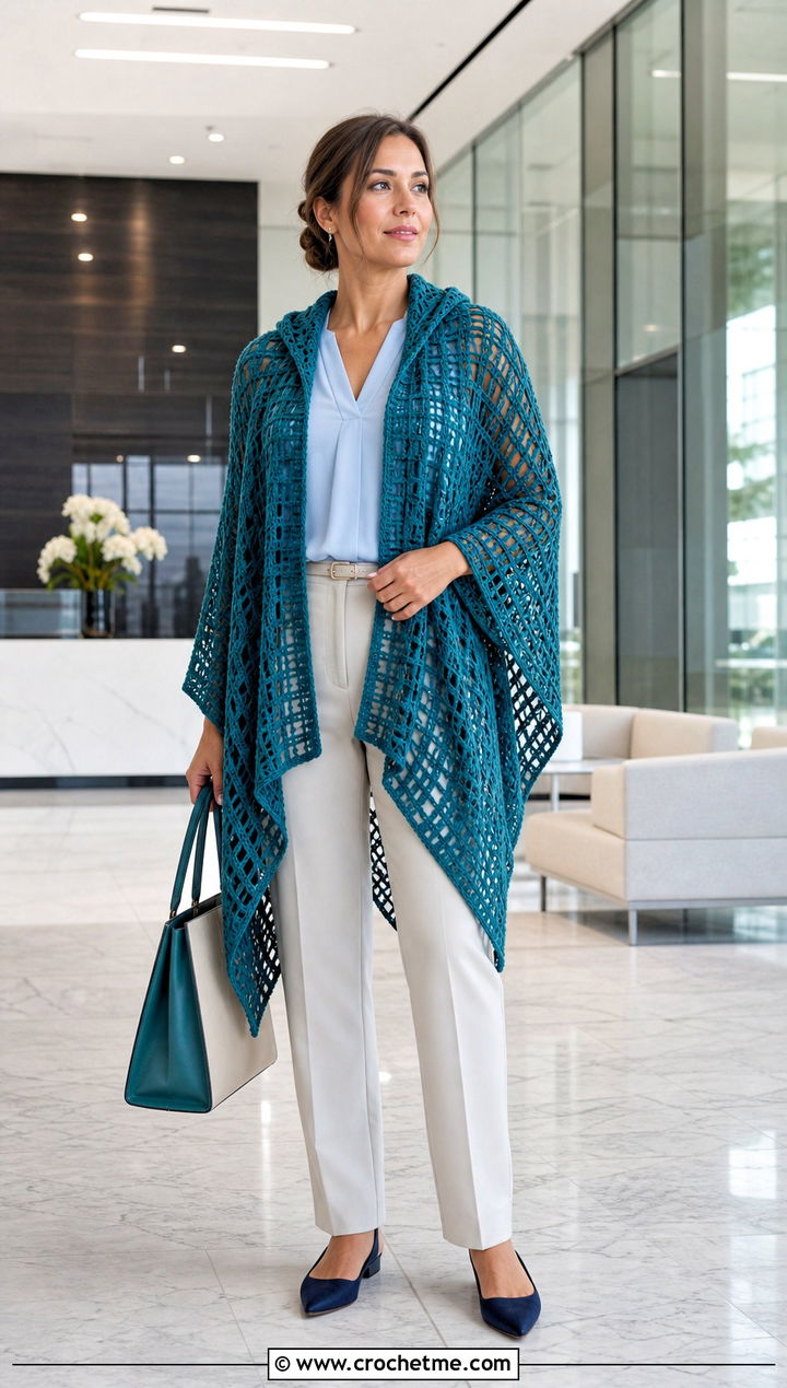 Filet Hooded Crochet Ruana With Tailored Trousers - 20 Hooded Crochet Ruana outfit ideas