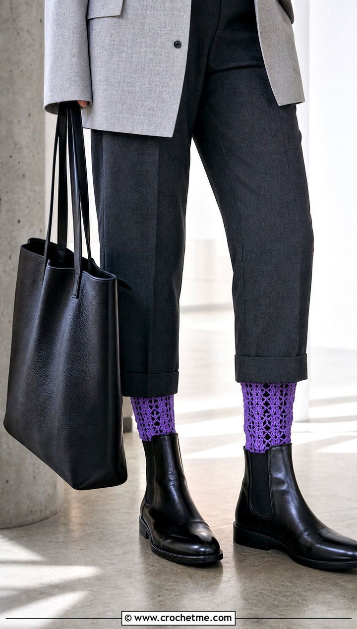 Filet Lace Boot Cuffs With Tailored Trousers And Chelsea Boots - 15 Crochet Lace Boot Cuffs outfit ideas