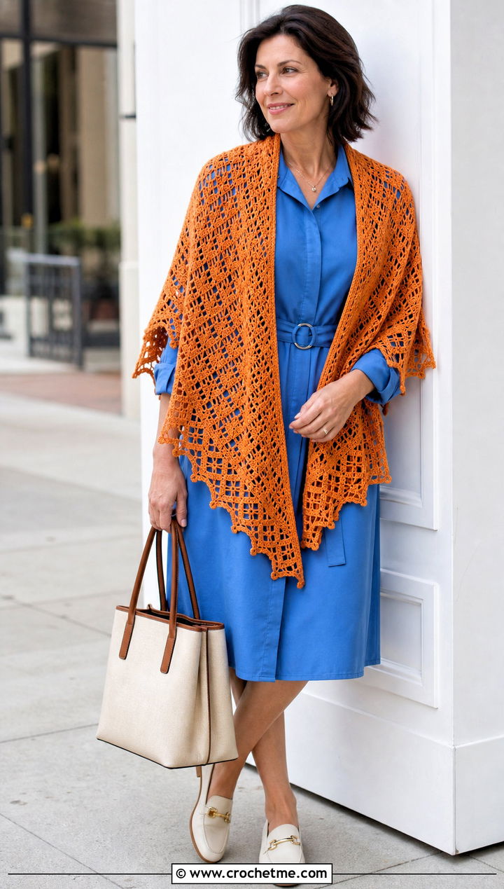 Filet Lace Circular Shawl With a Shirt Dress - 30 crochet circular shawl outfit ideas