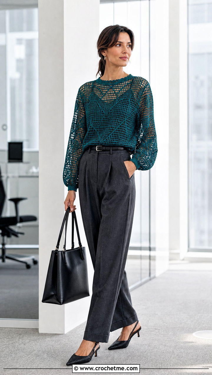 Filet Lace Crochet Blouse With Tailored Trousers - 25 vintage crochet tops outfit ideas