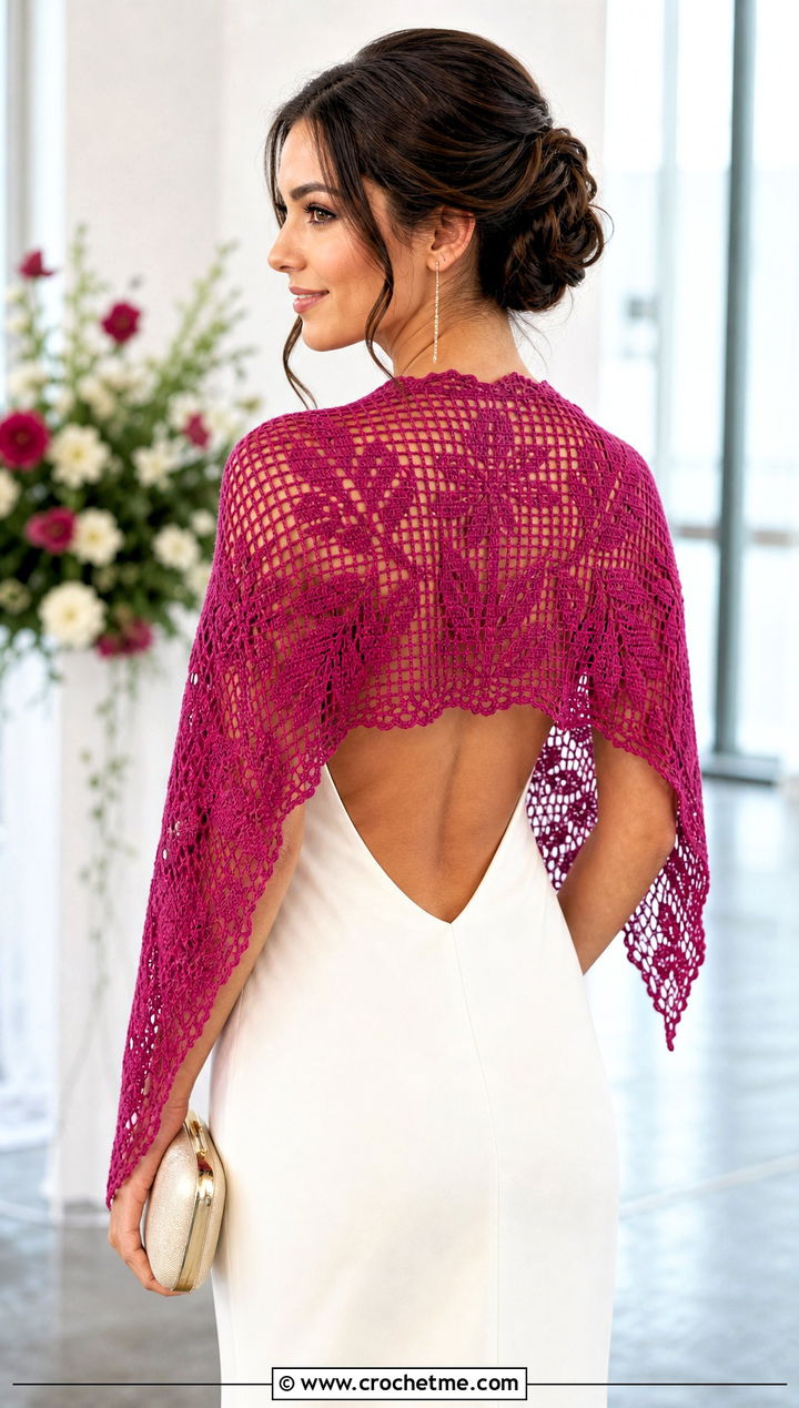 Filet Lace Crochet Bridal Shawl With Backless Wedding Dress - 25 Crochet Bridal Shawl outfit ideas