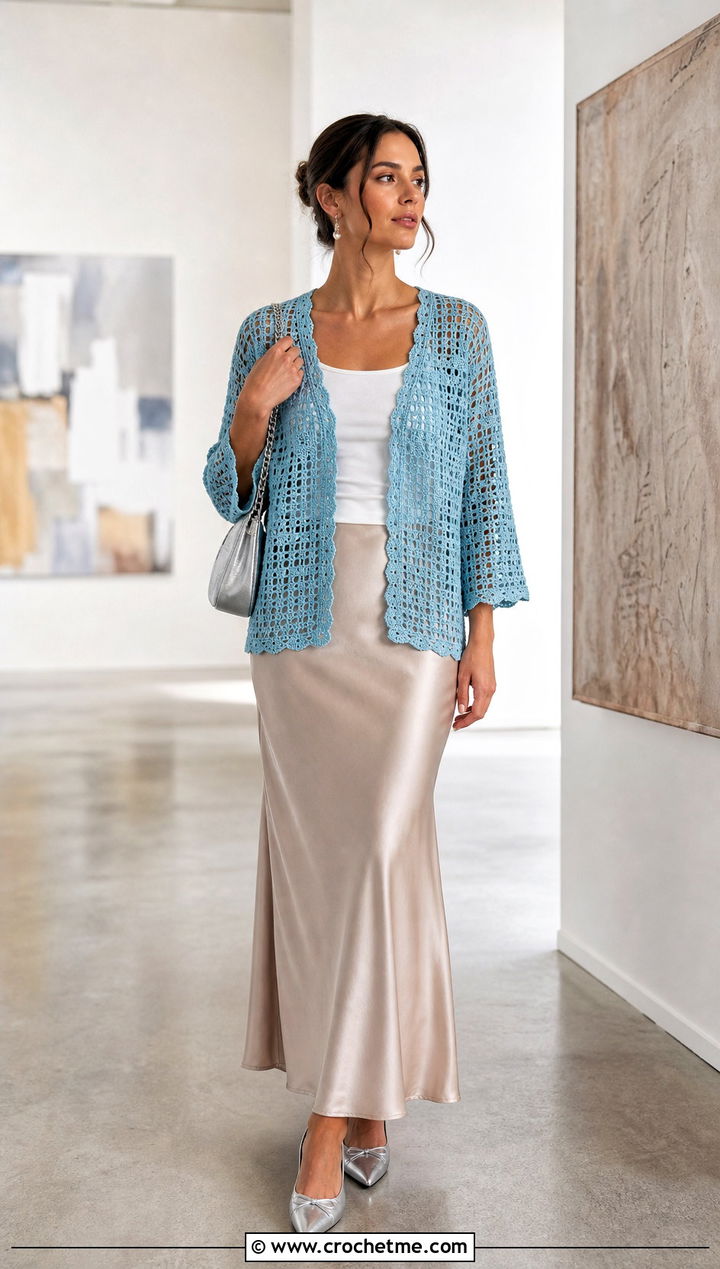 Filet Lace Crochet Cardigan With Satin Maxi Skirt - 20 Crochet Cardigan For Women Sweater Coats outfit ideas