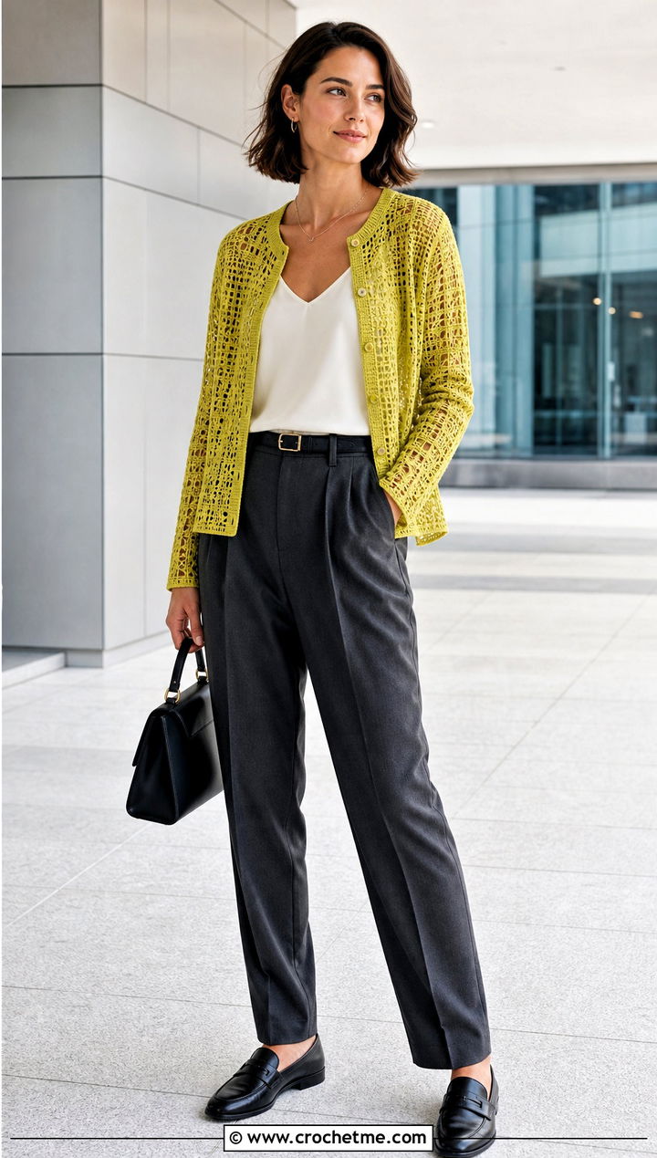 Filet Lace Crochet Cardigan With Tailored Trousers - 25 Lacy Crochet Cardigan outfit ideas
