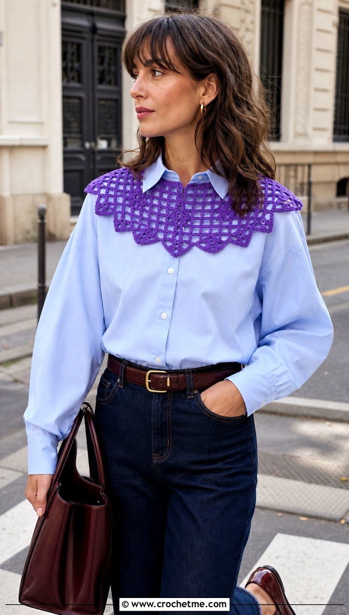 Filet Lace Crochet Collar With Button Down Shirt And Jeans - 25 Lace Crochet Collar outfit ideas