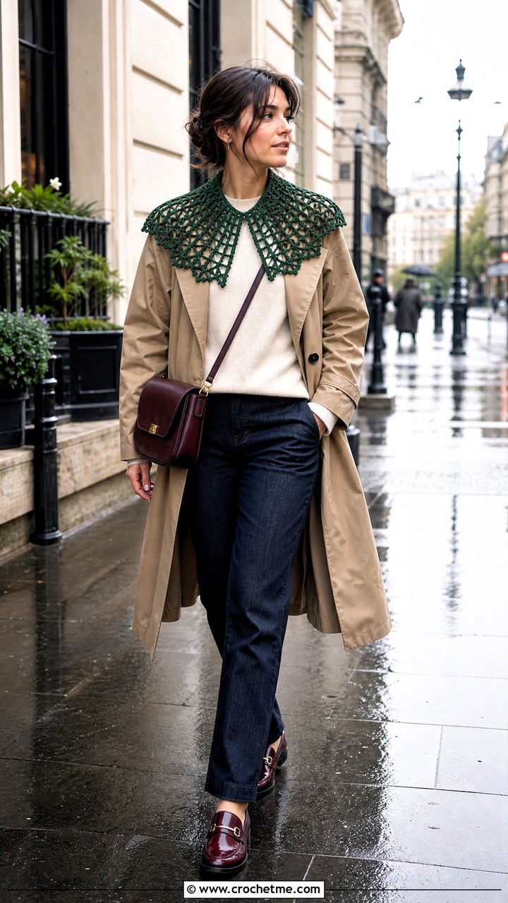 Filet Lace Crochet Collar With Trench Coat - 35 crochet collars outfit ideas