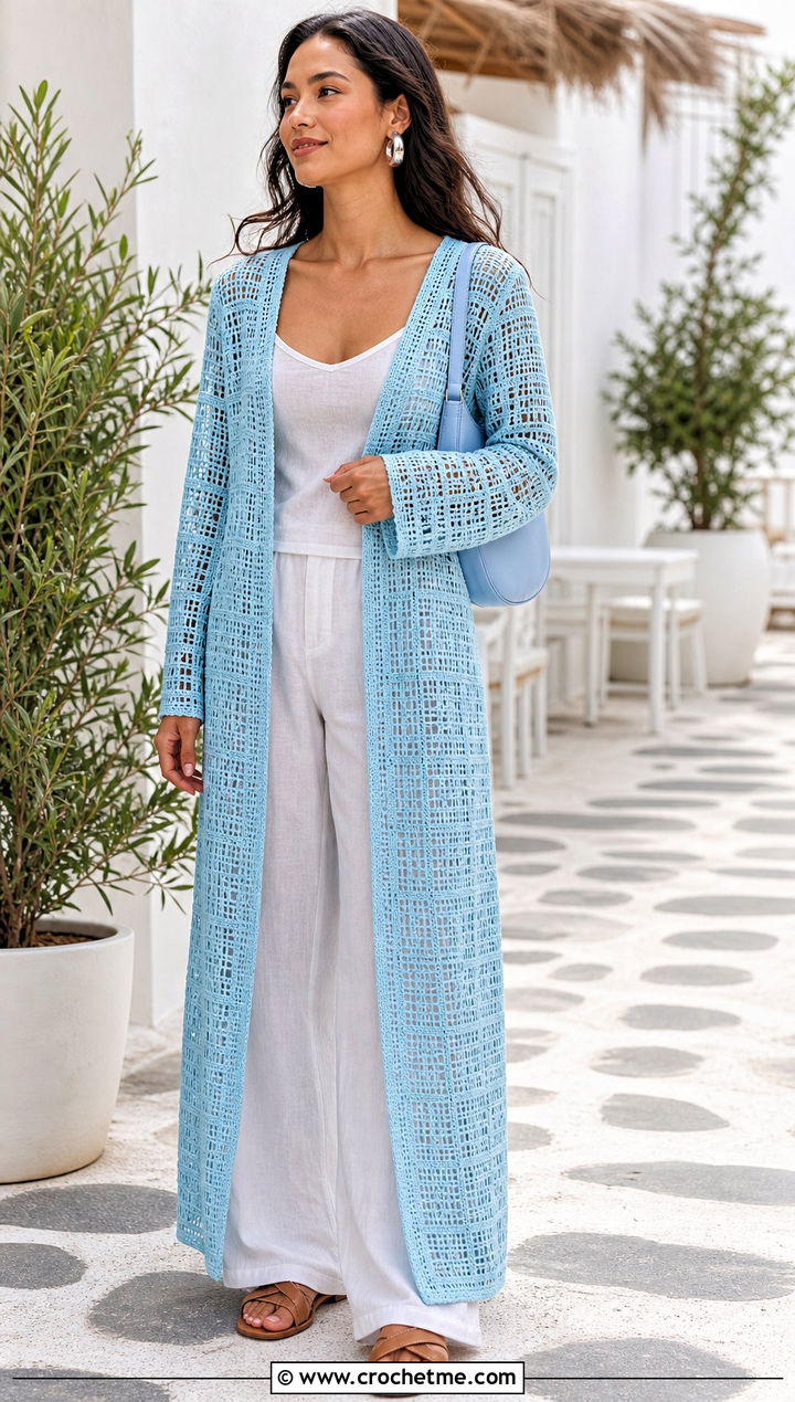 Filet Lace Crochet Duster With Linen Pants - 25 long crochet sweater outfit ideas