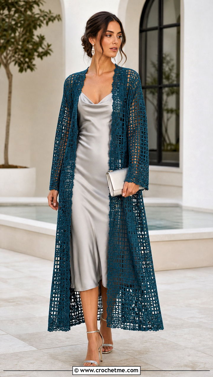 Filet Lace Crochet Duster With Satin Slip Dress - 25 Easy Crochet Duster outfit ideas
