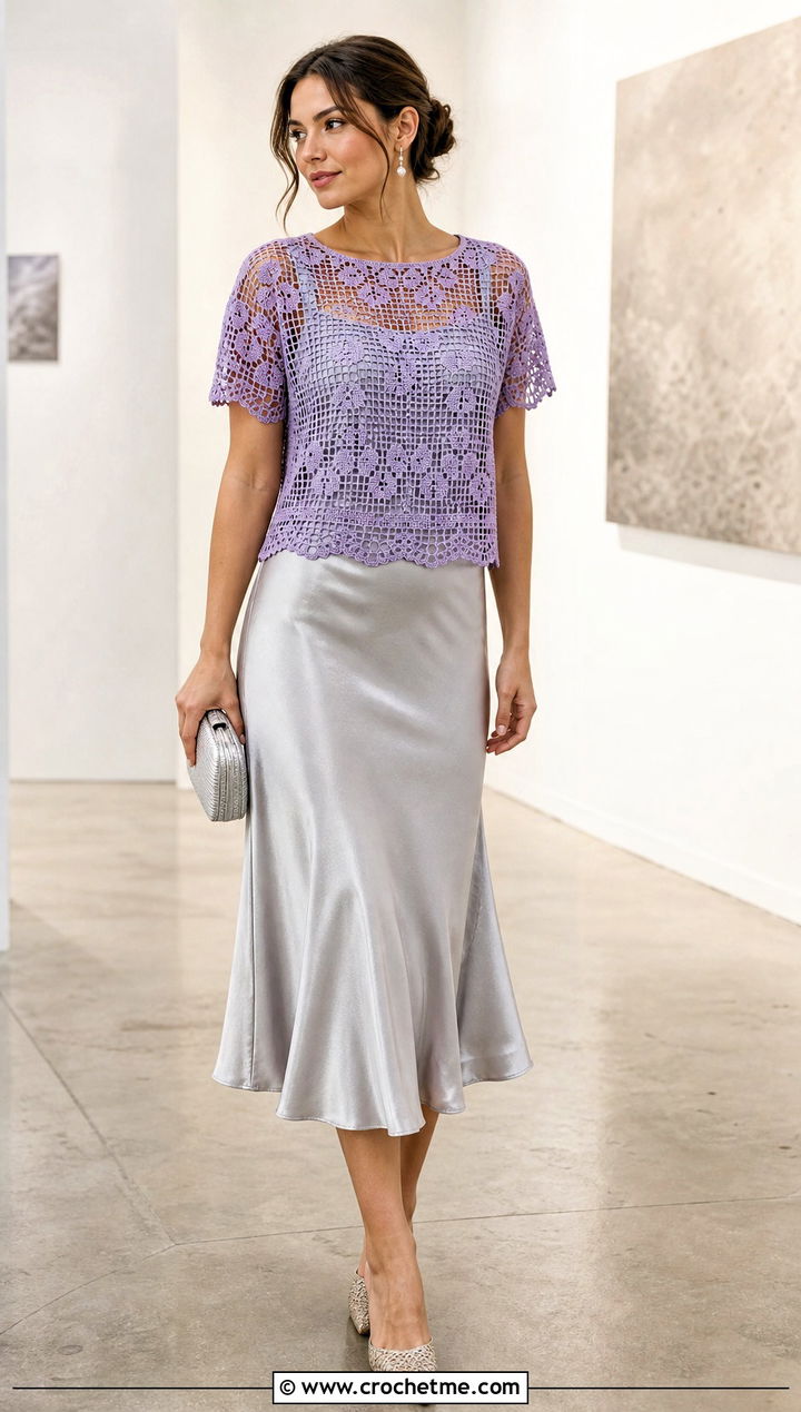 Filet Lace Crochet Half Top With Satin Midi Skirt - 30 Crochet Long Sleeve Half Top outfit ideas