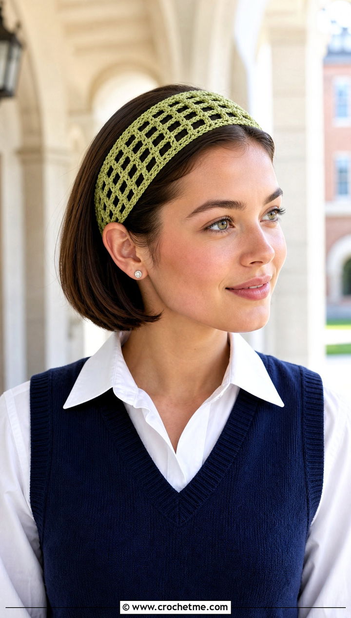 Filet Lace Crochet Headband With Sweater Vest And Pleated Pants - 30 lace crochet headband outfit ideas