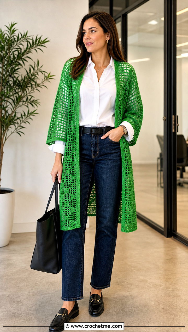 Filet Lace Crochet Kimono With Button Down Shirt And Jeans - 30 Boho Crochet Kimono outfit ideas