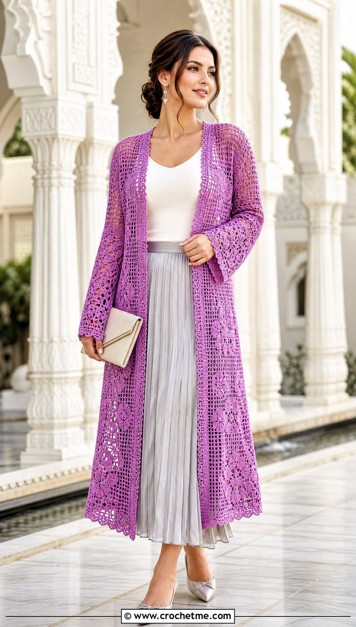 Filet Lace Crochet Long Cardigan With Pleated Skirt - 30 crochet long cardigan sweater coats outfit ideas