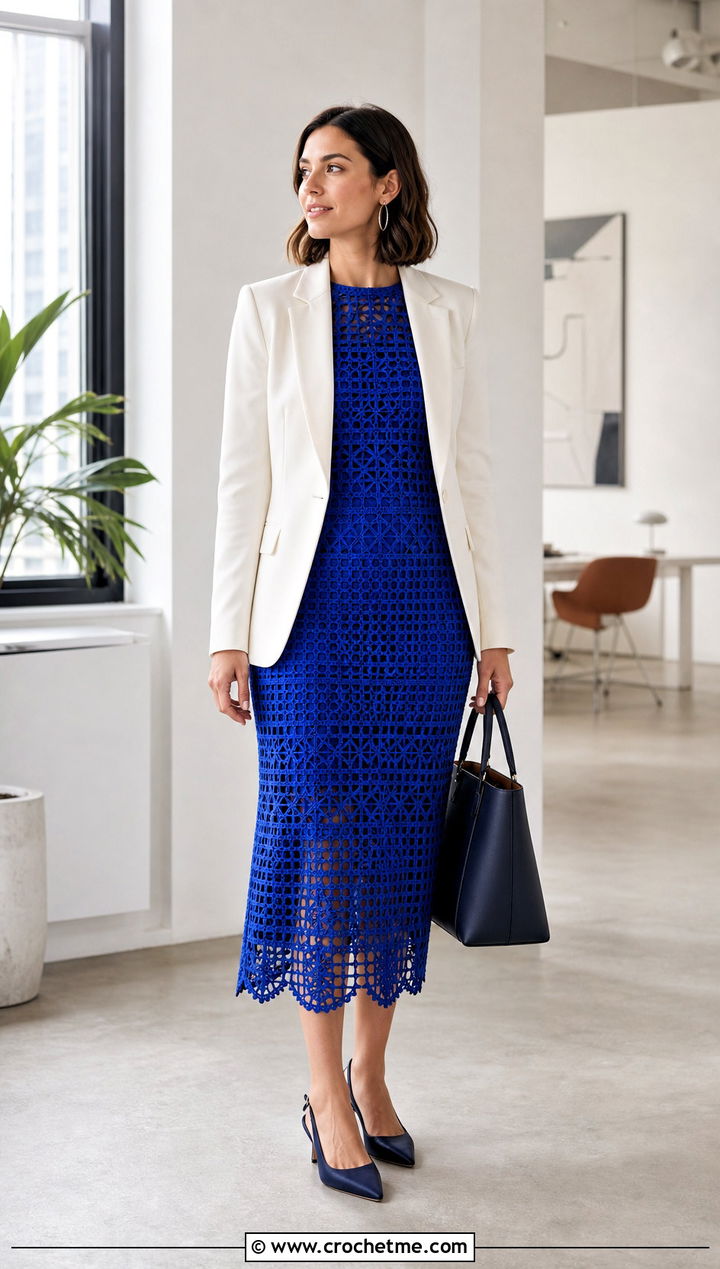 Filet Lace Crochet Midi Dress With Blazer - 15 lacy crochet dress design outfit ideas