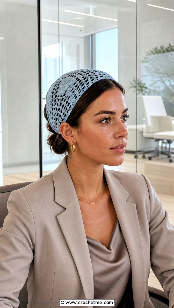 Filet Lace Crochet Mushroom Kerchief With Tailored Suit - 15 Crochet Mushroom Head Scarf outfit ideas