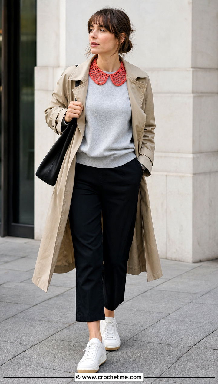 Filet Lace Crochet Peter Pan Collar With Sweatshirt And Trench Coat - 35 crochet peter pan collar outfit ideas