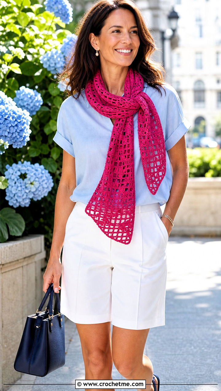 Filet Lace Crochet Scarf With Blouse And Tailored Shorts - 25 pretty crochet scarf outfit ideas