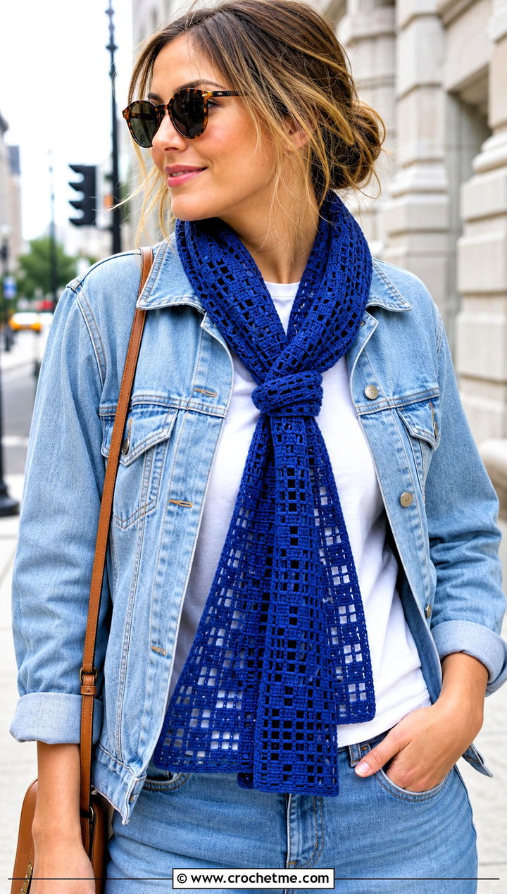Filet Lace Crochet Scarf With Denim Jacket - 15 Lacy Crochet Scarf outfit ideas
